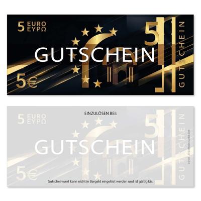 Wertgutscheine / Euro-Box-Gutscheine 5EUR: Ansicht Vorderseite und Rückseite Wertgutscheine für Gutscheinverpackung Gutschein Geschenkgutscheine Geschenk Gutscheine für Kunden Druckerei blanko bestellen Karten
