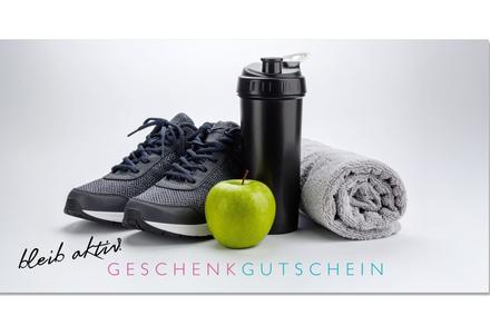 Geschenkgutschein Multicolor zum Falten / Sport Sportartikel: Vorderseite der Geschenkgutscheine gefaltet Geschenkgutschein bleib aktiv Sport