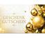 Geschenkgutschein X2084 mit edlem Weihnachtsmotiv in Gold und Creme, goldenen Christbaumkugeln, Schleife, Stern, Tannenzweigen und Glitzereffekten.