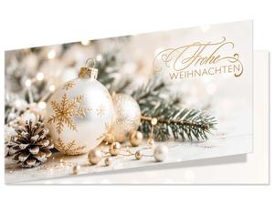 Weihnachtskarte DIN-lang mit weißer Christbaumkugel, goldenen Schneeflocken, Tannenzweig, Zapfen und Perlen
