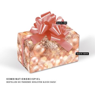 Surprise-Box mit Geschenkgutschein auf den Innenseiten und roségoldenem Weihnachtsmotiv mit Christbaumkugeln und Tannenzweigen
