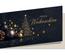 Weihnachtskarte DIN-lang in Schwarz-Gold mit goldenen Sternen, Christbaum, schwarzen Weihnachtskugeln und Zapfen
