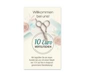 Empfehlungskarte für Friseursalons mit Schere-, Kamm- und Blumenmotiv, 10 Euro Wertgutschein zur Neukundengewinnung und Kundenwerbung.