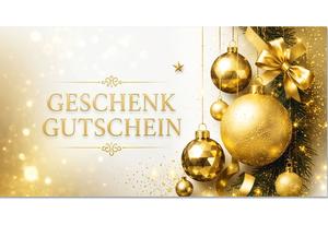 Geschenkgutschein X2084 mit edlem Weihnachtsmotiv in Gold und Creme, goldenen Christbaumkugeln, Schleife, Stern, Tannenzweigen und Glitzereffekten.