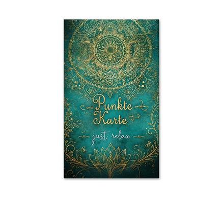 Punktekarte 10FD 2 Danke-Stempel / Kosmetikstudio Kosmetiksalon Kosmetik beauty Kosmetikinstitut: Vorderseite gefaltet Punktekarte MA489 mit türkis-goldenem Mandala-, Ornament- und Lotusmotiv, ideal für Wellness-, Beauty- und Dienstleistungsbetriebe.