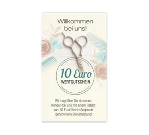 Empfehlungskarte für Friseursalons mit Schere-, Kamm- und Blumenmotiv, 10 Euro Wertgutschein zur Neukundengewinnung und Kundenwerbung.