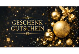 Geschenkgutschein X2083 mit elegantem Weihnachtsmotiv in Schwarz und Gold, goldenen Christbaumkugeln, Sternen, Schleife und Glitzereffekten.