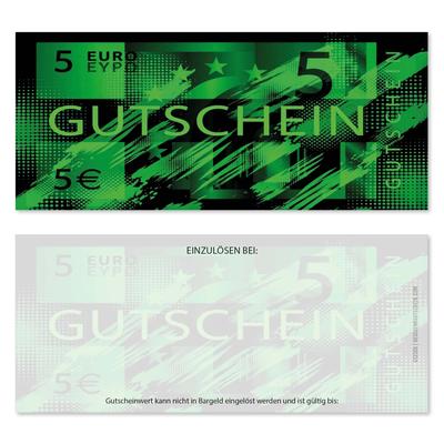 Wertgutscheine / Euro-Box-Gutscheine 5EUR: Ansicht Vorderseite und Rückseite Wertgutscheine für Gutscheinverpackung Gutschein Geschenkgutscheine Geschenk Gutscheine für Kunden Druckerei blanko bestellen Karten