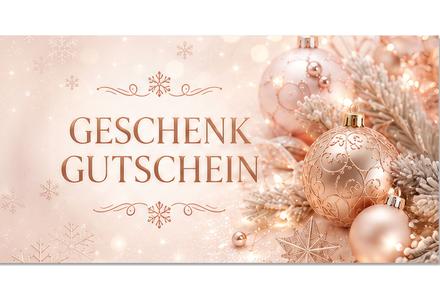 Geschenkgutschein X2082 mit rosa Weihnachtskugeln, Tannenzweigen, Schneeflocken und Glitzereffekten, ideal als Weihnachtsgutschein für Unternehmen.