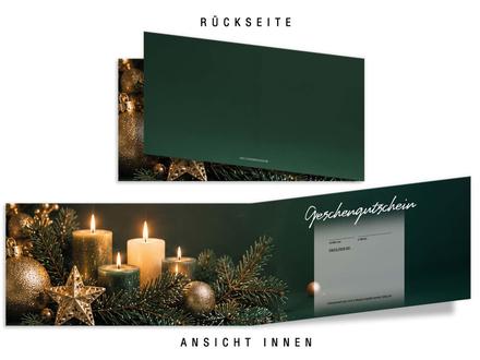 Faltgutschein DIN-lang / Weihnachten: Ansicht Rückseite und Innenseiten geöffnet