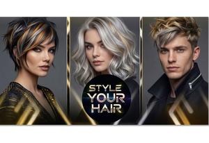 Geschenkgutschein für Friseure mit drei modernen Frisuren und Style-your-Hair-Schriftzug in Schwarz-Gold