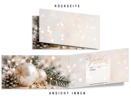 Faltgutschein DIN-lang mit Weihnachtsmotiv: Ansicht Rückseite und Innenseiten geöffnet