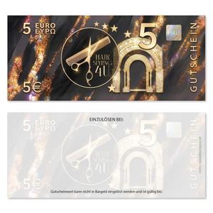 Wertgutschein K12705 mit fix aufgedrucktem 5-Euro-Wert, schwarzem Hair-Styling-Motiv, Schere, Kamm, goldenen Akzenten und Glitzereffekten.
