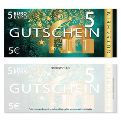 Wertgutscheine / Euro-Box-Gutscheine 5EUR: Ansicht Vorderseite und Rückseite Wertgutscheine für Gutscheinverpackung Gutschein Geschenkgutscheine Geschenk Gutscheine für Kunden Druckerei blanko bestellen Karten