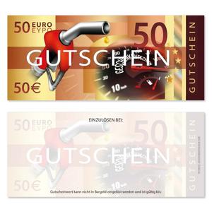 Wertgutschein TK13050 mit fix aufgedrucktem 50-Euro-Wert, Zapfpistole, Tacho-Motiv und modernem Design in Rot-, Gold- und Brauntönen.