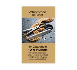 Empfehlungskarte für Friseursalons mit Kamm, Schere und Haarmotiv, 10 € Bonus für Weiterempfehlung und 10 € Rabatt für Neukunden.