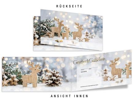 Faltgutschein DIN-lang / Weihnachtsmotiv: Ansicht Rückseite und Innenseiten geöffnet