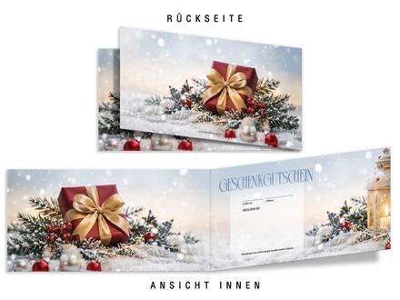 Faltgutschein DIN-lang / Weihnachten: Ansicht Rückseite und Innenseiten geöffnet