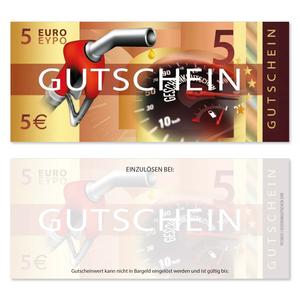Wertgutschein mit aufgedrucktem Wert EUR 5,- und Motiv Zapfhahn für Tankstellen.
