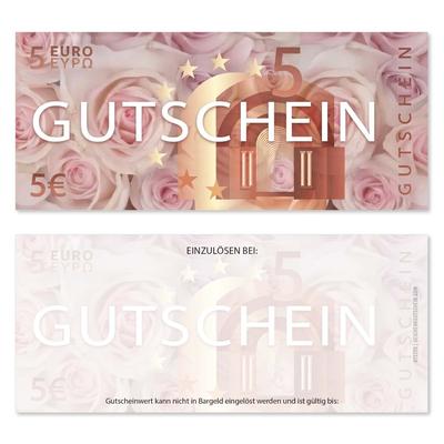 Wertgutscheine / Euro-Box-Gutscheine 5EUR: Ansicht Vorderseite und Rückseite Wertgutscheine für Gutscheinverpackung Gutschein Geschenkgutscheine Geschenk Gutscheine für Kunden Druckerei blanko bestellen Karten