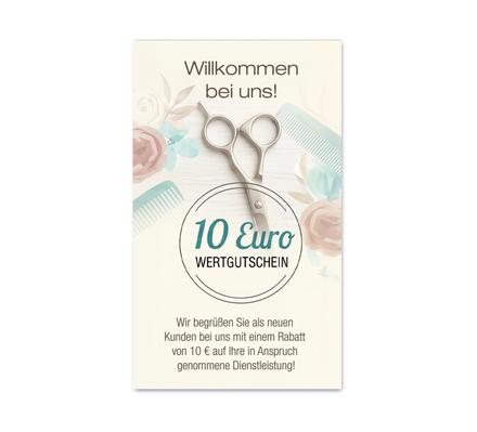 Empfehlungskarte für Friseursalons mit Schere-, Kamm- und Blumenmotiv, 10 Euro Wertgutschein zur Neukundengewinnung und Kundenwerbung.