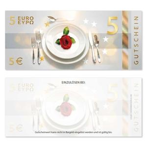Wertgutschein G16305 mit fix aufgedrucktem 5-Euro-Wert, Teller, Besteck, roter Rose, Sternen und elegantem Gastronomie-Motiv.