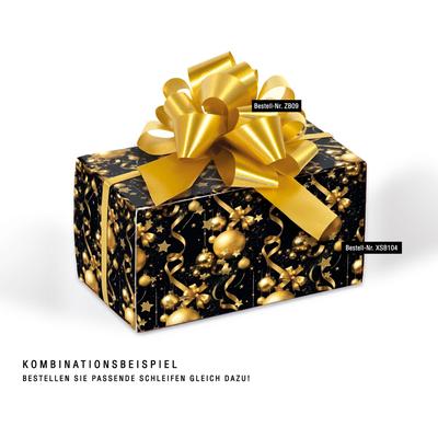Surprise-Box: Ansicht Surprise-Box mit passendem Zubehör Surprise-Box mit Geschenkgutschein auf den Innenseiten, schwarz-goldenem Weihnachtsmotiv, goldenen Kugeln, Sternen und Schleifen