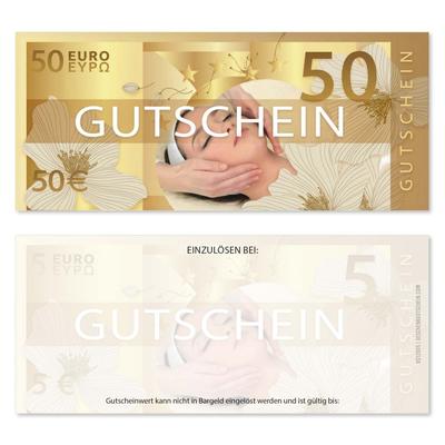 Wertgutscheine / Euro-Box-Gutscheine 50 EUR / Kosmetik Wellness Spa: Ansicht Vorderseite und Rückseite Wertgutschein KS12050 mit fix aufgedrucktem 50-Euro-Wert, Gesichtsmassage-Motiv, goldenen Blüten, Sternen und elegantem Design in Gold- und Beigetönen.