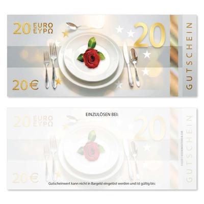 Wertgutscheine / Euro-Box-Gutscheine 20EUR / Restaurant: Ansicht Vorderseite und Rückseite Wertgutschein G16320 mit fix aufgedrucktem 20-Euro-Wert, Teller, Besteck, roter Rose, Sternen und elegantem Gastronomie-Motiv.Restaurant Restaurants Restaurantgutschein Gasthaus Gasthäuser Gastrogutschein Gaststätte Gastronomie Gasthof Gastronomiebedarf Gastro