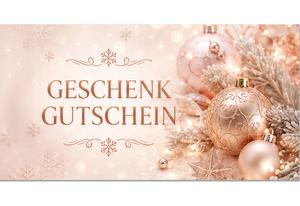 Geschenkgutschein X2082 mit rosa Weihnachtskugeln, Tannenzweigen, Schneeflocken und Glitzereffekten, ideal als Weihnachtsgutschein für Unternehmen.