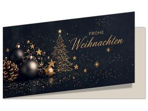 Weihnachtskarte DIN-lang in Schwarz-Gold mit goldenen Sternen, Christbaum, schwarzen Weihnachtskugeln und Zapfen