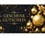 Geschenkgutschein X2083 mit elegantem Weihnachtsmotiv in Schwarz und Gold, goldenen Christbaumkugeln, Sternen, Schleife und Glitzereffekten.