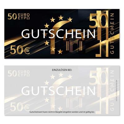 Wertgutscheine / Euro-Box-Gutscheine 50EUR: Ansicht Vorderseite und Rückseite Wertgutscheine für Gutscheinverpackung Gutschein Geschenkgutscheine Geschenk Gutscheine für Kunden Druckerei blanko bestellen Karten geschenkgutscheine.com bestellen Klappkarten hauer U850