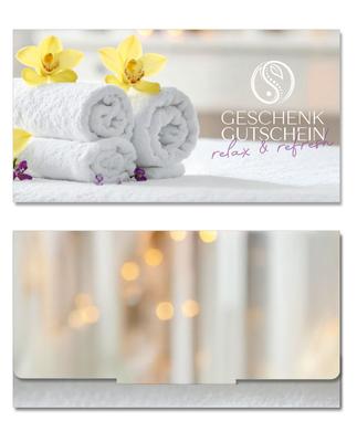 Geschenkgutschein Multicolor zum Falten / Massage Physiotherapie Wellness Spa Fußpflege: Außenseiten der Geschenkgutscheine geschlossen