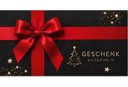 Geschenkgutschein Multicolor zum Falten für Weihnachten: Vorderseite der Geschenkgutscheine gefaltet Geschenkgutschein X2087 mit schwarzem Weihnachtsdesign, roter Schleife, goldenem Tannenbaum, Sternen, Schneeflocken und Glitzereffekten.