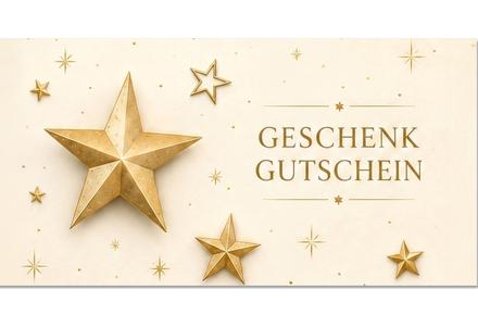 Geschenkgutschein für Weihnachten: Vorderseite der Geschenkgutscheine gefaltet Geschenkgutschein X2086 mit schwarzem Design, roter Schleife, goldenem Schriftzug und dezenten Weihnachtsdetails.