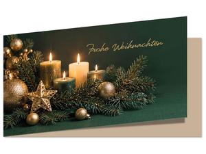 Weihnachtskarte DIN-lang in Grün-Gold mit vier Kerzen, Tannenzweigen, goldenen Weihnachtskugeln und Stern