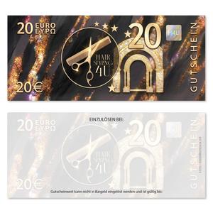 Wertgutschein K12720 mit fix aufgedrucktem 20-Euro-Wert, schwarzem Hair-Styling-Motiv, Schere, Kamm, goldenen Akzenten und Glitzereffekten.