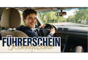 Geschenkgutschein für den Führerschein mit jungem Fahrer im Auto Lenkrad Straße und Fahrschulmotiv