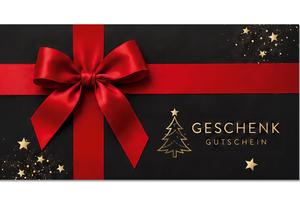 Geschenkgutschein X2087 mit schwarzem Weihnachtsdesign, roter Schleife, goldenem Tannenbaum, Sternen, Schneeflocken und Glitzereffekten.