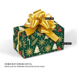 Surprise-Box mit Geschenkgutschein auf den Innenseiten, grün-goldenem Weihnachtsmotiv, Sternen, Tannenbäumen und Zuckerstangen