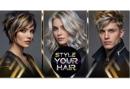 Geschenkgutschein Multicolor zum Falten / Friseur: Vorderseite der Geschenkgutscheine gefaltet Geschenkgutschein für Friseure mit drei modernen Frisuren und Style-your-Hair-Schriftzug in Schwarz-Gold