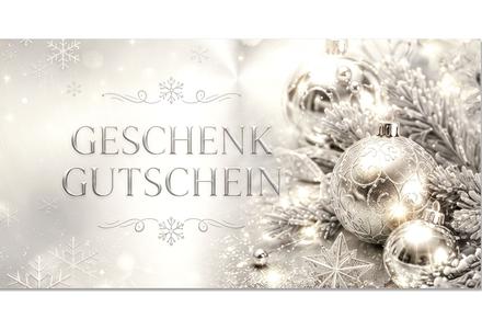 Geschenkgutschein für Weihnachten mit elegantem Kugelmotiv in Silber-Weiß. Hochwertig gedruckt und ideal für Weihnachtsaktionen. Jetzt online bestellen.